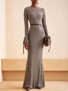 Zivah 2025秋季新款音乐节毕业季休闲针织连衣裙，优雅喇叭袖，温暖柔软，适合日常、海滩、度假，棕色 - 棕色 - 查看 7