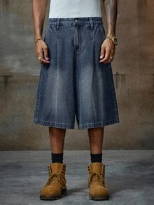 AXEPEAK 男士休闲日常水洗斜口袋宽松牛仔短裤，夏季 - 藍色 - 查看 3