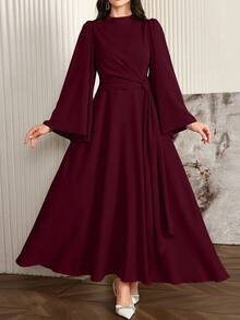 Modelyn Gaun Arab Lengan Lonceng Warna Polos Elegan untuk Wanita, Gaun Malam Panjang Musim Gugur - Merah - View 5