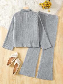 2pcs/Set Casual Teenager Girls Sweater Set, Half V-Neck With Zipper Regular Long Sleeve Loose Top Paired With Matching Wide Leg Pants, Regular Thickness, Loose & Comfortable Minimalist Knit Suit, Suitable For Daily Wear & Home, Autumn/Winter Fall - Grey - View 2