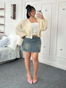 CovetEZ Plus Size Women Floral Decor Drop Shoulder Long Sleeve Cardigan In Fall/Winter - Apricot - View 6
