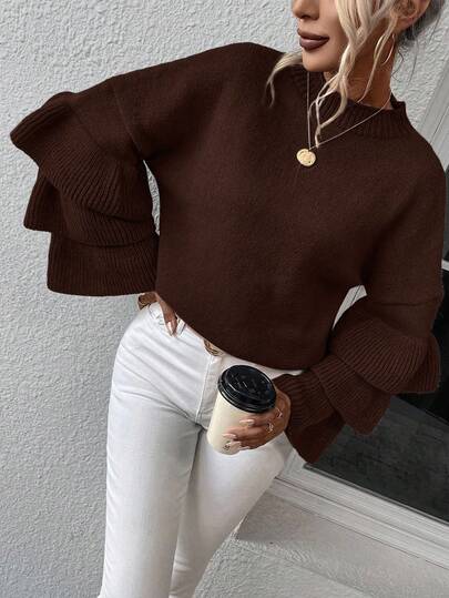 EMERY ROSE Women's Solid Color Round Neck Drop Shoulder Long Sleeve Ruffle Hem Loose Sweater, Autumn/Winter