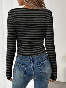 SHEIN LUNE Women's Striped Square Neck Long Sleeve Casual Versatile T-Shirt Striped Top Square Neck Tops - Dark Grey - View 2