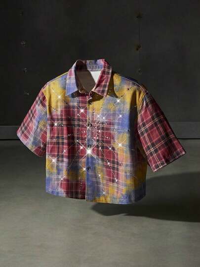 NEON BLANC Men's Y2K Casual Fashion Street Rhinestone Tie-Dye Plaid Print Short Sleeve Denim Shirt, Summer