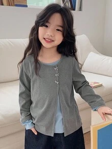 DAZY 少女圆领针织二合一长袖T恤，秋季服装 - 灰色 - 查看 7