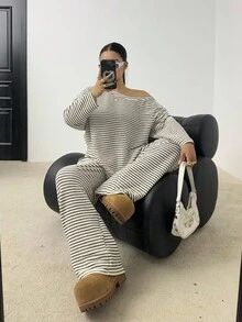 SHEIN POPSWAY 大码休闲条纹不对称领T恤和裤子两件套 - 彩色 - 查看 5