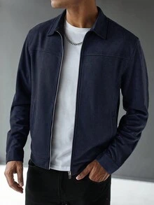 Manfinity Homme Áo khoác nam dài tay màu trơn có khóa kéo thường ngày, mùa thu, dành cho mùa thu - Màu xanh hải quân - Xem 3