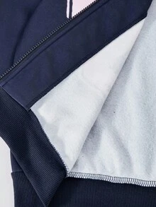 2 件套青少年女孩休闲蝴蝶结连帽拉链夹克和阔腿裤保暖内衬套装，秋冬 - 寶藍色 - 查看 8