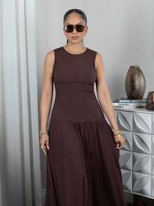 Melissa Matos 白色简约设计优雅褶皱无袖连衣裙 - 咖啡棕 - 查看 5