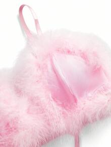Spicy Aura Women's Solid Color Bow Decor Patchwork Furry Hollow-Out Underwire Bra Costume - Pink - View 6