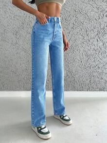 SHEIN Cottnline Women's Casual Versatile Washed Straight-Leg Jeans - Blue - View 5