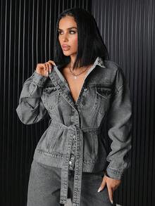 EURMUSE Flap Pocket Button Front Denim Jacket - Grey - View 8