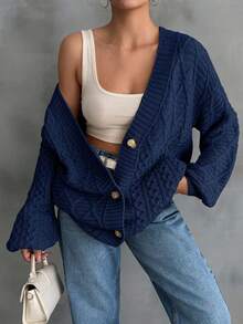 Women Cable Knit Detailed Long Cardigan - Navy Blue - View 2