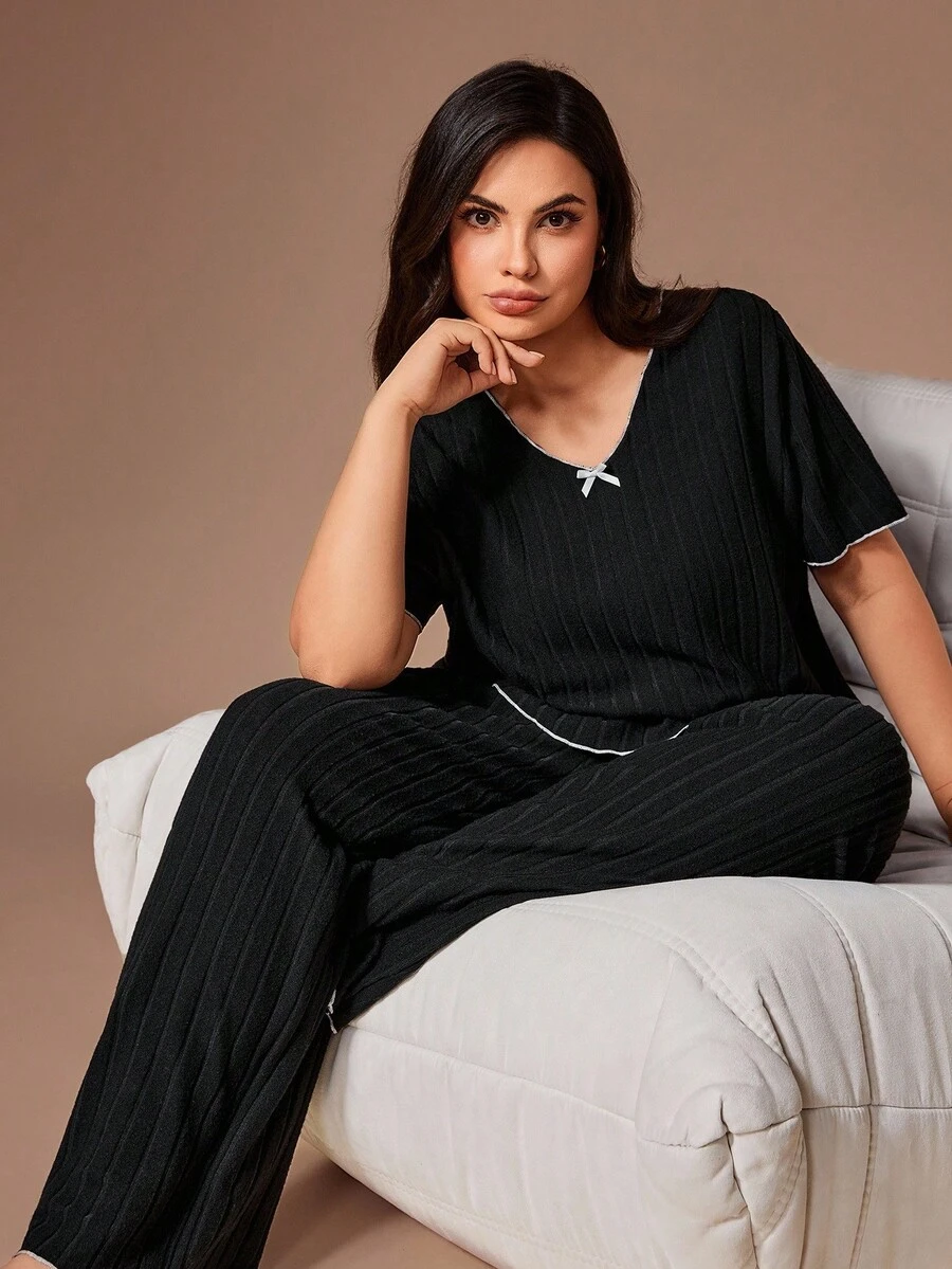 Lazeform Comfortable Ribbed Knit Casual Plus Size Pajama Set - Black - View 1