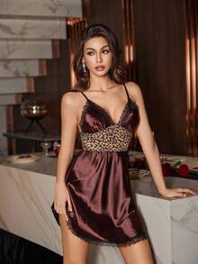 SHEIN V 领蕾丝边仿丝性感吊带睡衣 - 棕色 - 查看 6