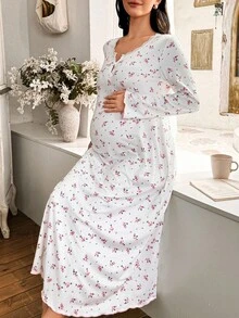 Moonlight&Mama Camisón largo de maternidad con cuello en V, parches de encaje y estampado floral, suelto, para otoño e invierno - Multicolor - Ver 5