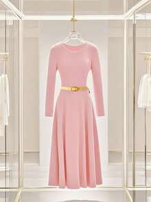 Franclia Vestido de punto elegante rosa con cintura, vestido de mujer para otoño/invierno, vestido de fiesta - Rosa - Ver 1