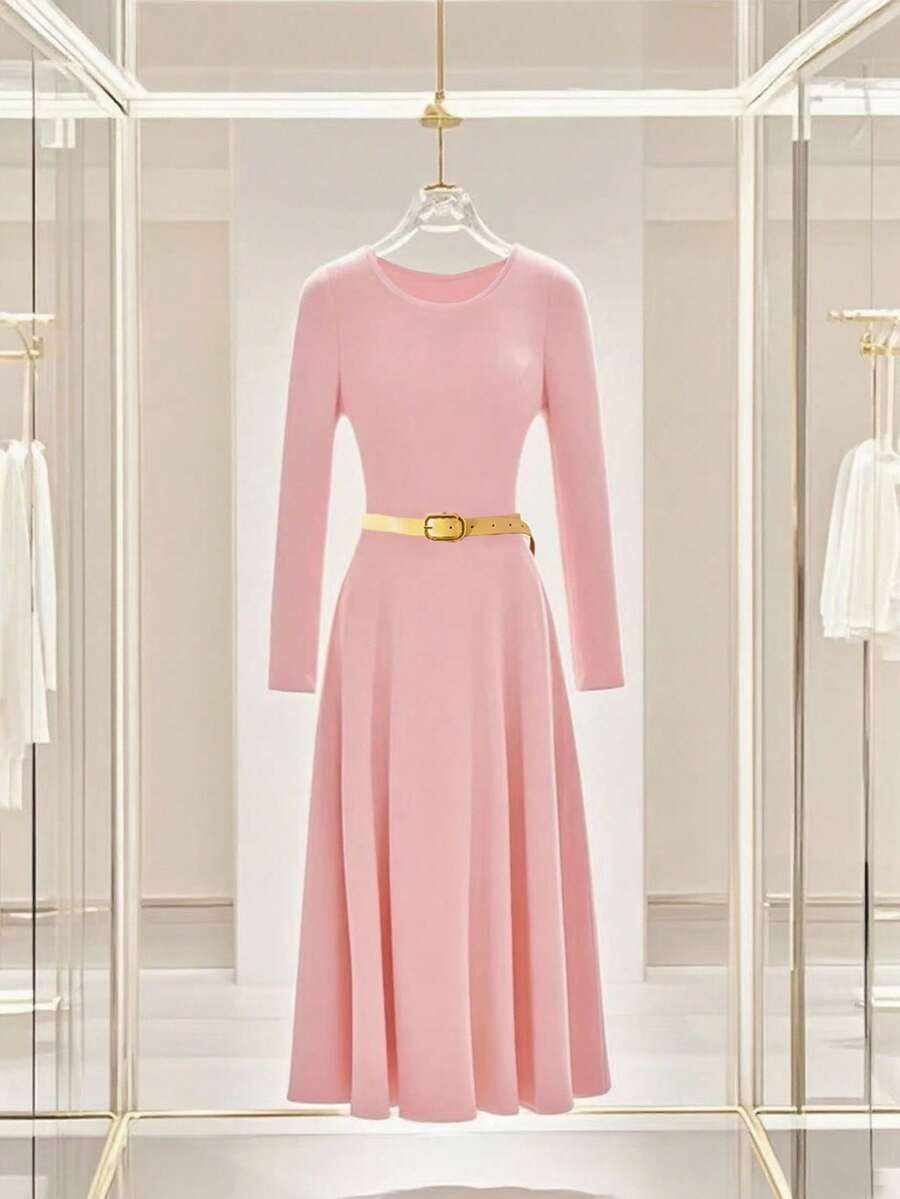 Franclia Vestido de punto elegante rosa con cintura, vestido de mujer para otoño/invierno, vestido de fiesta - Rosa - Ver 1