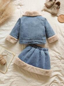 Vintaside Kids 2 件套女婴经典蓝色牛仔风格领开衫和牛仔裙套装，适合外出、居家拍照和节日派对