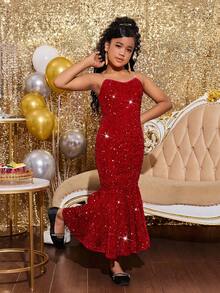 SHEIN 少女亮片无肩带美人鱼长裙，适合万圣节、圣诞节、新年派对 - 紅色 - 查看 4