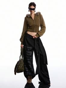 LYSMO 2025新款极简主义冬季休闲时尚街头拉链插肩袖人造毛皮连帽宽下摆短款外套，秋季女士短款连帽衫，短款拉链连帽外套，女士短款夹克，冬季新年造型和圣诞节街头服饰，以及斯德哥尔摩风格 - 橄欖綠 - 查看 7