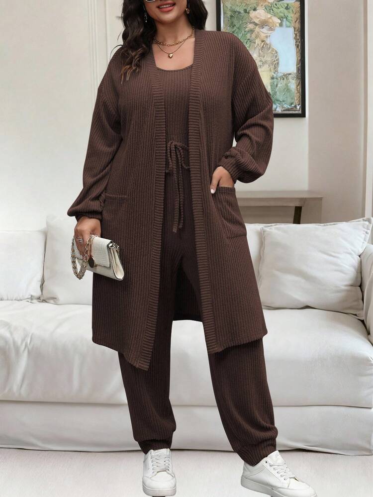 Plus Size Women's Solid Color Drop Shoulder Long Sleeve Open Front Jacket And Waist Tie Sleeveless Jumpsuit Casual 2 Pieces Set Fall Cloth For Women Brown Three Piece Outfit Women Brown Knit Set Plus Size Two Pieces Set Brown Two Pieces Set Women Women Brown Lounge Set - Chocolate Brown - View 4