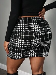 SHEIN PETITE CURVE Plus Plaid Print Split Bodycon Skirt Curve Skirt Skirts For Women Black And White Skirt Slitted Skirt Checkered Skirt