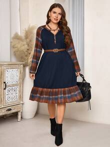 EMERY ROSE Lässiges Karo Patchwork Kleid mit Raglanärmeln und Taschen für Damen in Übergröße, Herbst/Winter, Ausgeh-Outfits, 2025 neue Kleidung, lässige Kleider, fließendes Kleid, Übergrößen-Kleid mit Taschen, Übergrößen-Winterkleider, schlicht und modisch für den Alltag - Verschiedenfarbig - Übersicht 6