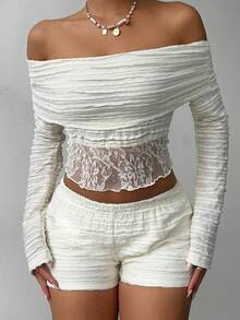 Aloruh Women's Sweet Off Shoulder Apricot Ruffle Lace Patchwork Long Sleeve T-Shirt And Super Short Shorts, Autumn/Winter - Apricot - View 5
