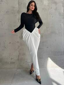 Firerie Women's Black & White Contrast Pleated Long Sleeve Waist Cinched Dress, Elegant Commuter Dress For Daily, Spring/Autumn/Winter, Suitable For Commute, Date, Party, Wedding, Graduation, Performance, Work, Anniversary, Birthday,Elegant And Luxurious Black And White Contrast Stitching Off-The-Shoulder Ruffled Fishtail Hem Formal Evening Dress - Black and White - View 5