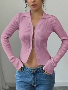 Selianne 女式纯色翻领喇叭袖修身针织开衫 - 玫紅色 - 查看 3