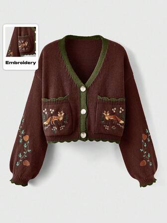 Fairycore Cárdigan de punto casual con bordado de zorro, cuello en V, hombros caídos y manga larga, para otoño/invierno