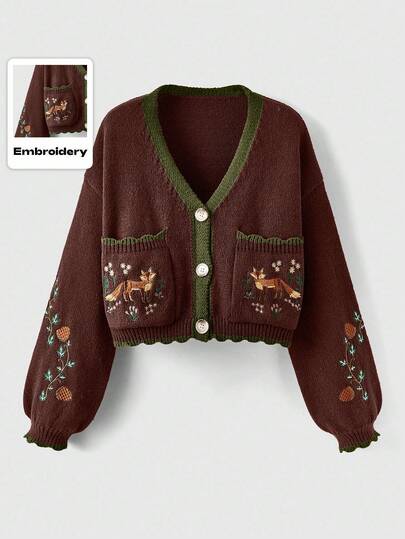 Fairycore Cardigan en tricot casual à manches longues avec épaules tombantes et col en V, avec broderie de renard. Automne/Hiver