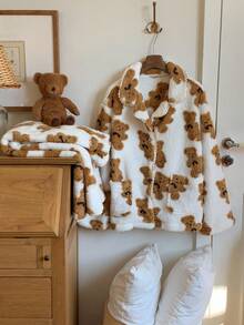 Comfortcana 2pcs Women Casual Bear Print Jacket And Pants Set, Autumn/Winter Fluffy Pajamas