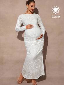 MaterniChic Elegant Textured Ruched Fishtail Hem Maternity Dress, Autumn - White - View 3