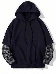 Claim Dot Loose Fit Men Plaid Patched Sleeve Drop Shoulder Drawstring Hoodie, Navy Blue Dark Academia Grunge Hoodie, Fall Navy Blue - Navy Blue - View 4