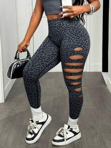 Slaydiva 1 件豹纹破洞七分跑步紧身裤 - 彩色 - 查看 7