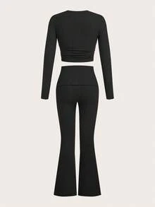 Slaydiva 2025fall Clothes For Women/Winter Clothes For Women/Sets 2 Pieces Women/Flare Jeans/Long Sleeve Tops/Casual Round Simple Collar Long Sleeve Yoga Pants Short Pleated Top Yoga Wide Leg Pants Flared Pants Trousers Women's Two Pieces Suit/Y2k Clothes/Streetwear/Going Out Tops Women/Vintage 1997 Graphic