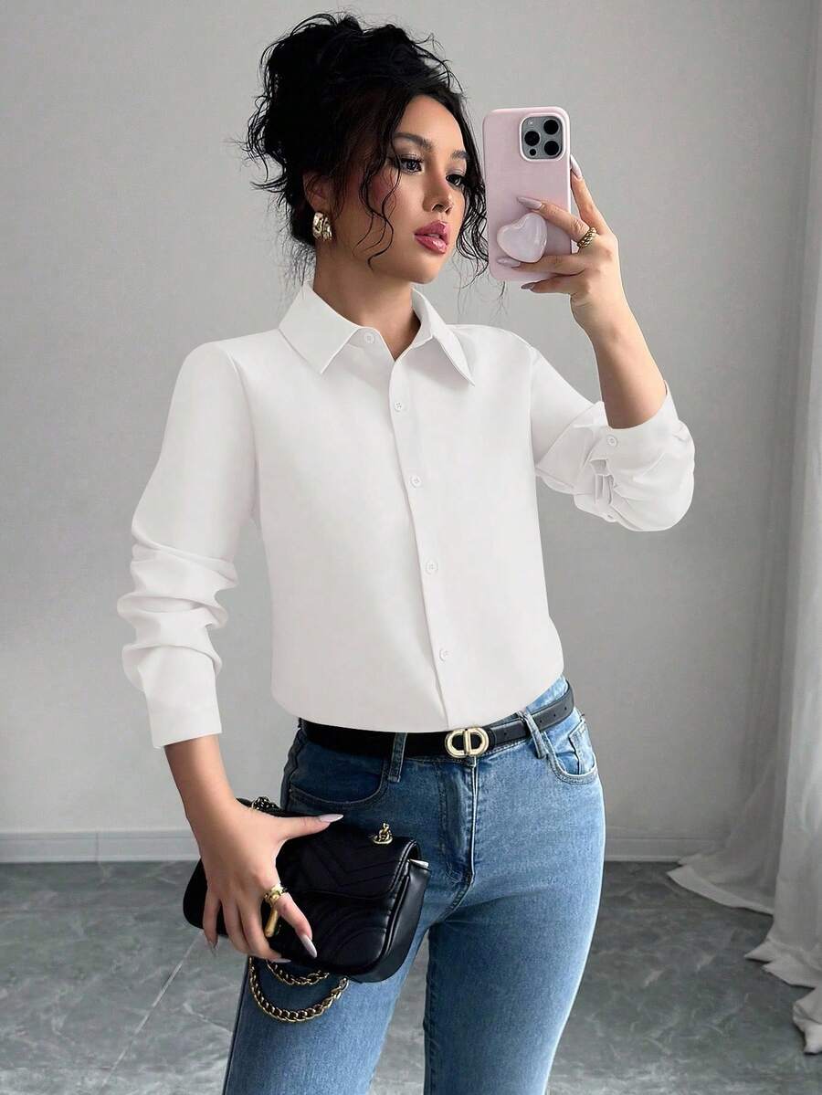 Elenzga Women's Solid Color Long Sleeve Single-Breasted Casual/Work Shirt - White - View 1