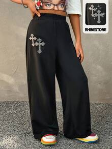 Coolane Kids Pantalones de chándal anchos con cintura con cordón y decoración de strass en estilo Y2K para niñas preadolescentes, atuendos para graduación y regreso a la escuela - Negro - Ver 2