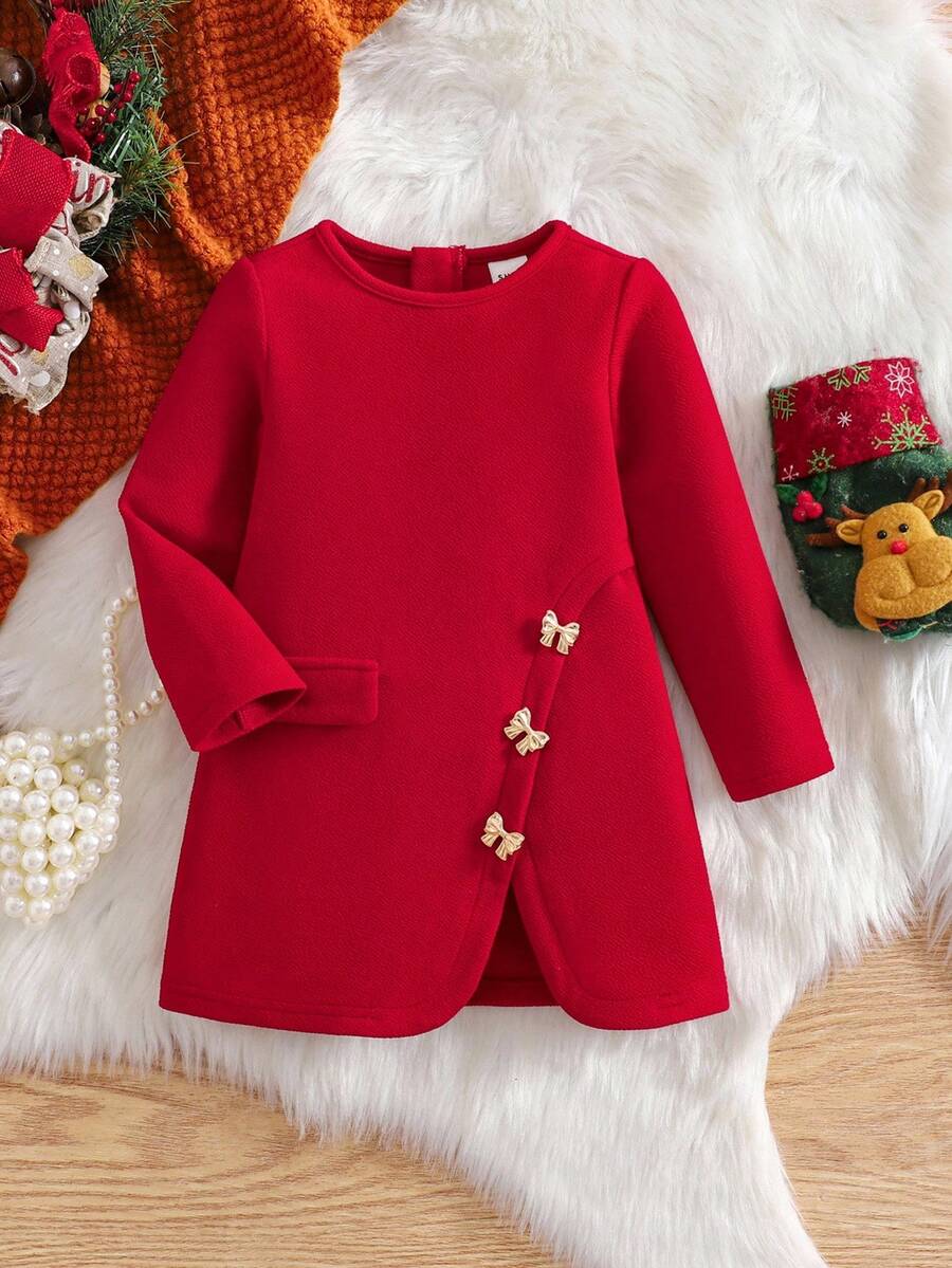 Mommy And Me 优雅搭配红色长袖宽松连衣裙，秋冬 - 紅色 - 查看 1