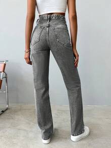 SHEIN Tall Tall High Waist Snow Wash Straight Jean - Grey - View 2