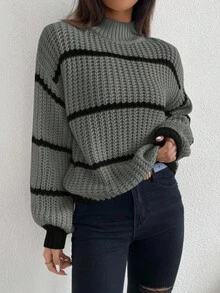 Celisse 女式宽松落肩条纹套头毛衣，秋冬休闲款 - 灰色 - 查看 4