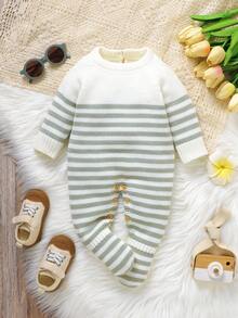 SHEIN 1pc Newborn Striped Crew Neck Long Sleeve Romper, Casual & Minimalist Design - Mint Green - View 3