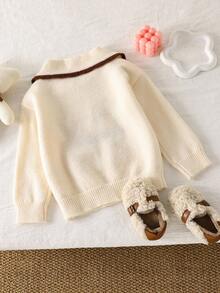 SHEIN Playful Pals 女孩可爱蝴蝶结和熊提花针织毛衣，手工 3D 花朵装饰套头衫，秋冬季温暖舒适，适合日常穿着 - 杏色 - 查看 2