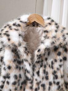 Elladie kids Young Girl Faux Fur Leopard Print Lapel Long Sleeve Loose Coat Fall Winter - Beige - View 3