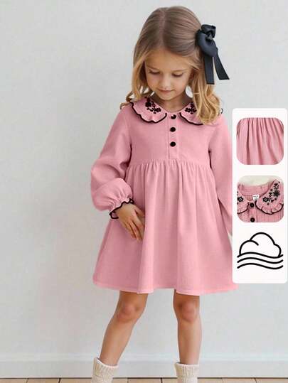 Playful Pals Young Girl Embroidered Collar Long Sleeve Casual Everyday Dress, Versatile For Outings Or Comfortable Home Wear Fall Winter