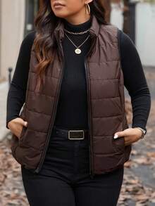 Calvaya Áo vest cổ đứng ngắn, màu trơn, đa năng, nhẹ và ấm, dành cho quần áo mùa đông - Màu nâu Sô-cô-la - Xem 5
