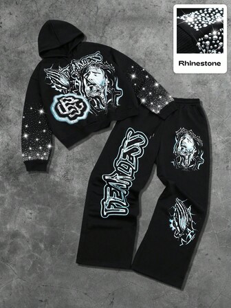 Street Life Set da 2 pezzi: Felpa con cappuccio e pantaloni con stampa serigrafica di Gesù e decorazioni in strass