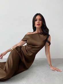 Firerie Vestido elegante asimétrico de hombro con pliegues y bajo de cola de sirena en color verde, adecuado para citas, vacaciones, bodas, eventos, regreso a la escuela, graduación, vestido de dama de honor formal